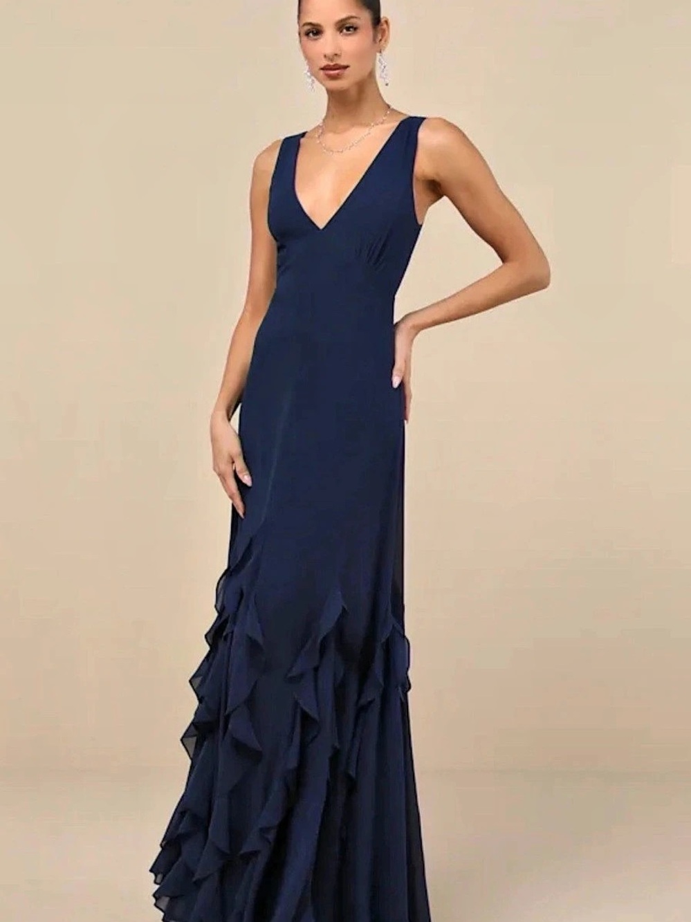 Lulus Alorna Dark Navy Sleeveless Ruffled Maxi Dress size XS